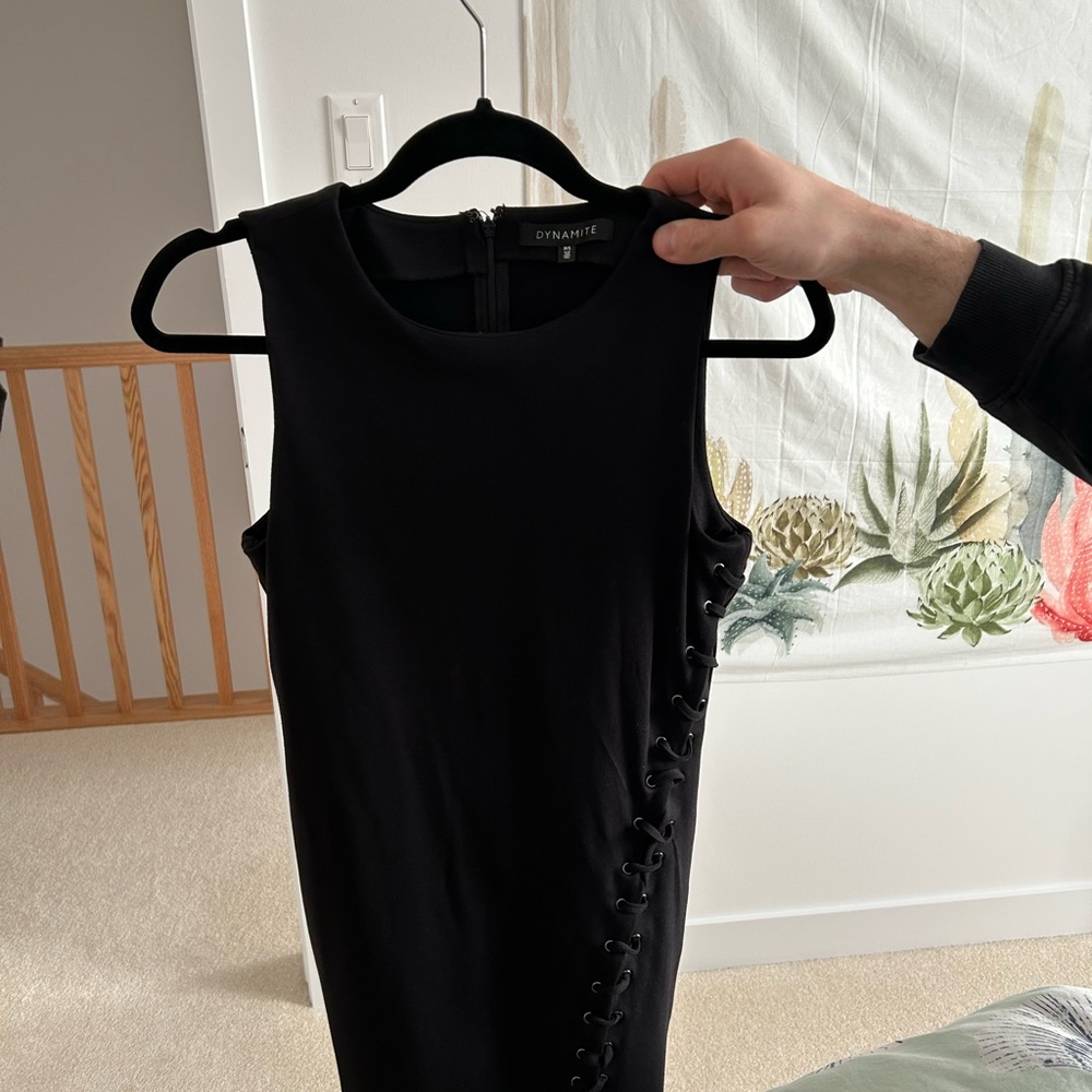 Dynamite Black Midi Dress with Lace-Up Detail